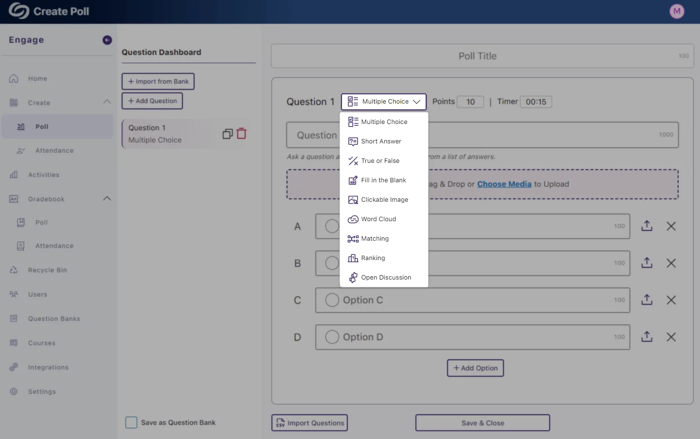 YuJa Engage Screenshot with Choose From A Variety of Question Types.