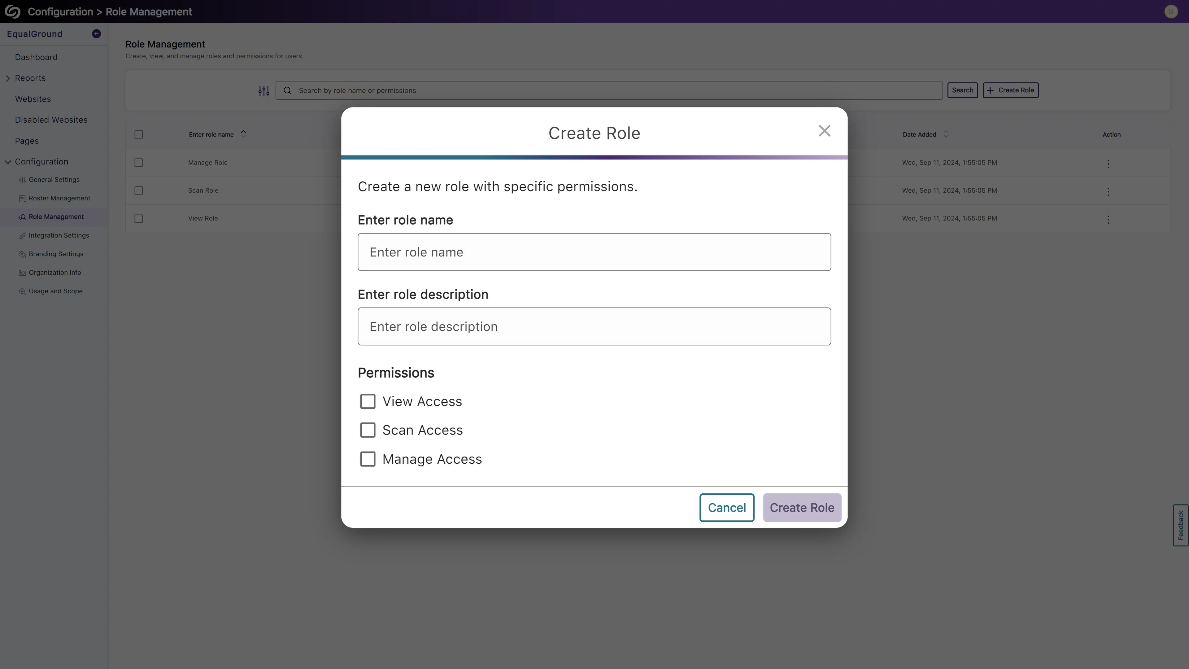 The Create Role modal open in YuJa EqualGround.