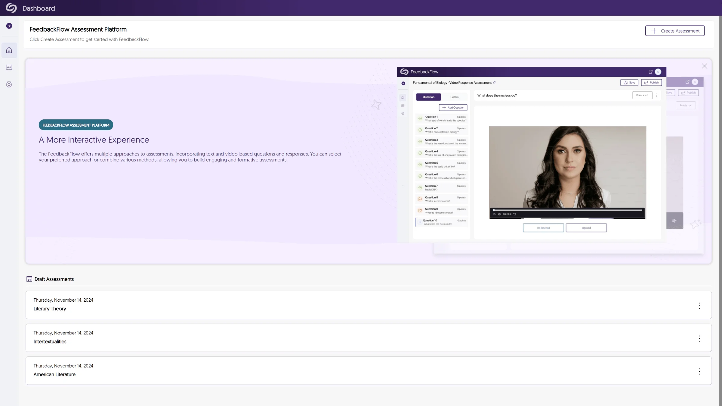The home page for the YuJa FeedbackFlow Assessment Platform.
